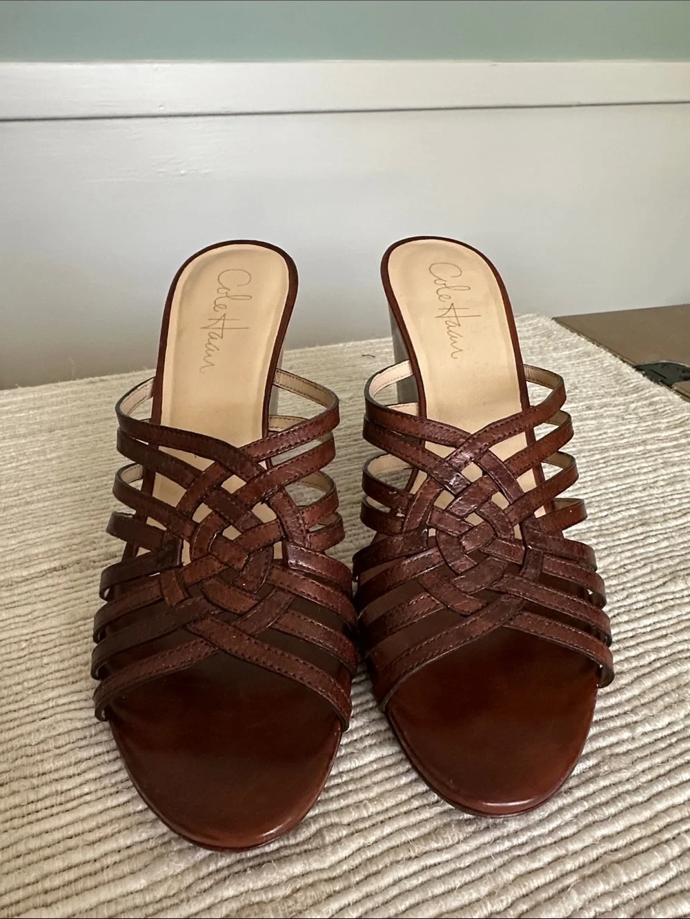 Vintage HIGH Qualiry Cole Haan Brown Leather Woven Slide Mules 7 AA